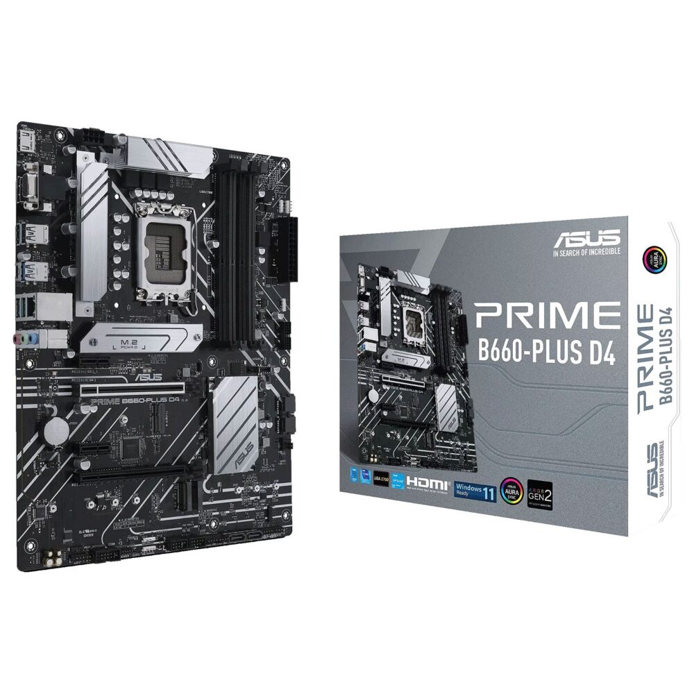 Carte mère ASUS PRIME B660-PLUS D4 avec support des processeurs Intel de 12e génération et prise en charge de la mémoire DDR4.