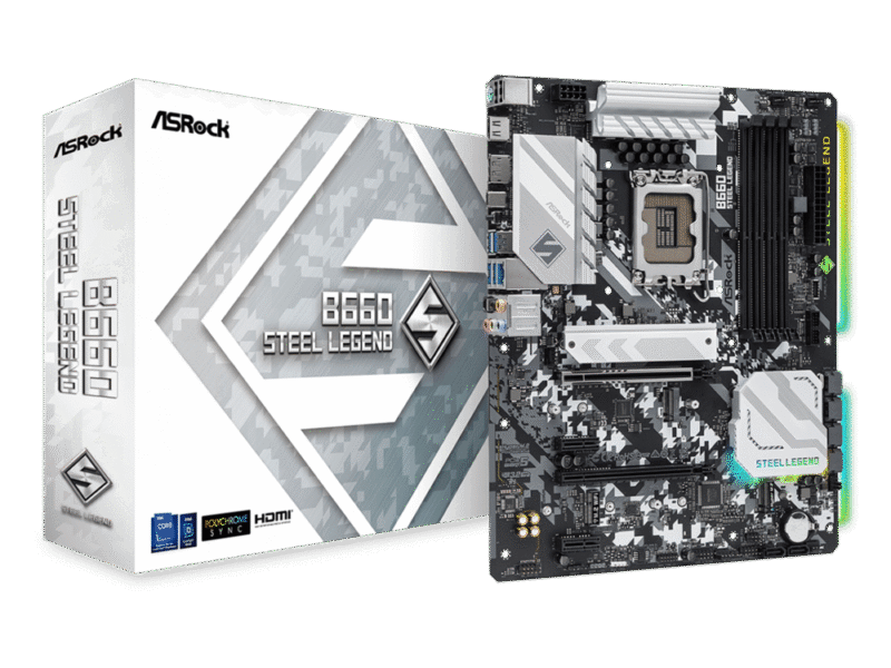Vue détaillée de la carte mère ASRock B660 Steel Legend, mettant en avant ses dissipateurs thermiques robustes et ses slots d'extension PCIe renforcés, une véritable B660 Steel Legend.